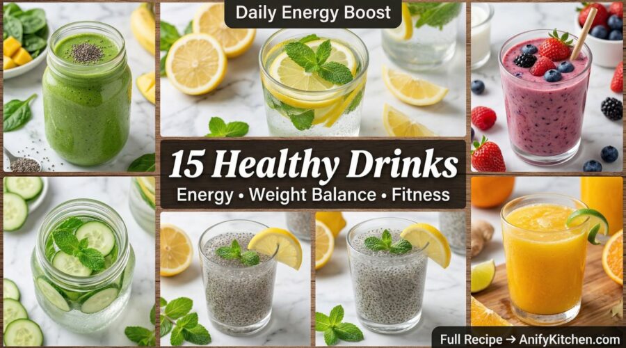 15 Healthy Drinks for Energy & Weight Balance (Daily Fitness Boost Recipes) 2 collage of healthy drinks including smoothies detox water and chia drink for energy and weight balance
