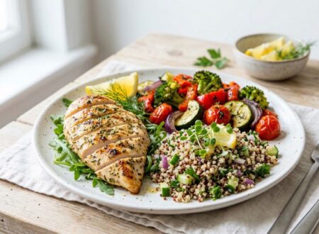balanced healthy dinner plate under 400 calories with salmon vegetables and salad