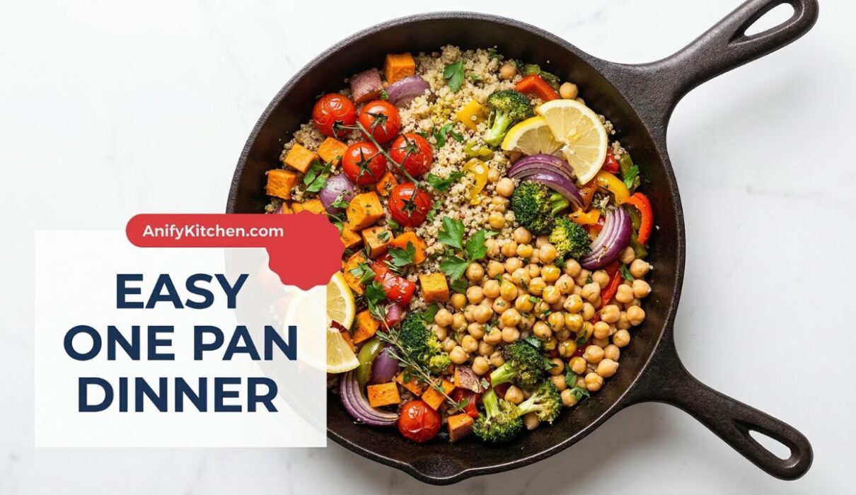 Healthy one pan meals with roasted vegetables, quinoa, and chickpeas cooked in a skillet for easy family dinners