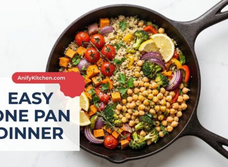 Healthy one pan meals with roasted vegetables, quinoa, and chickpeas cooked in a skillet for easy family dinners