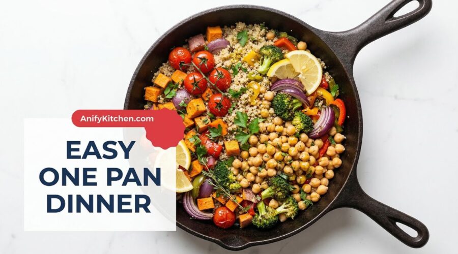Healthy one pan meals with roasted vegetables, quinoa, and chickpeas cooked in a skillet for easy family dinners