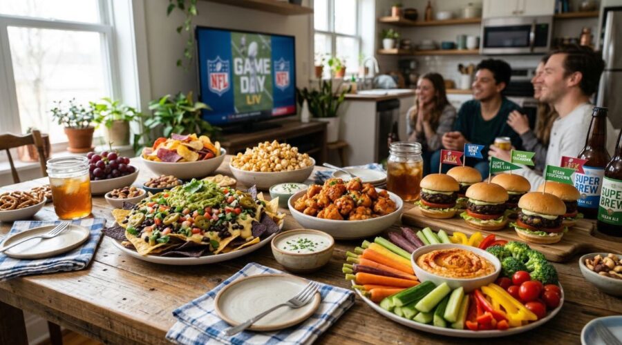 healthy vegan super bowl party food ideas with nachos sliders and veggie snacks