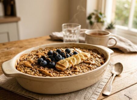 high protein baked oatmeal with blueberries and banana healthy breakfast recipe