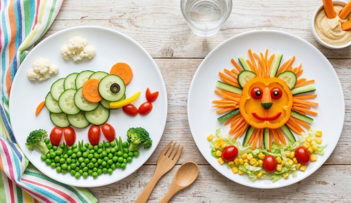 fun veggie animal plates for kids made with cucumber carrots broccoli and tomatoes