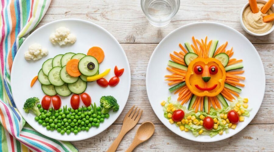 fun veggie animal plates for kids made with cucumber carrots broccoli and tomatoes