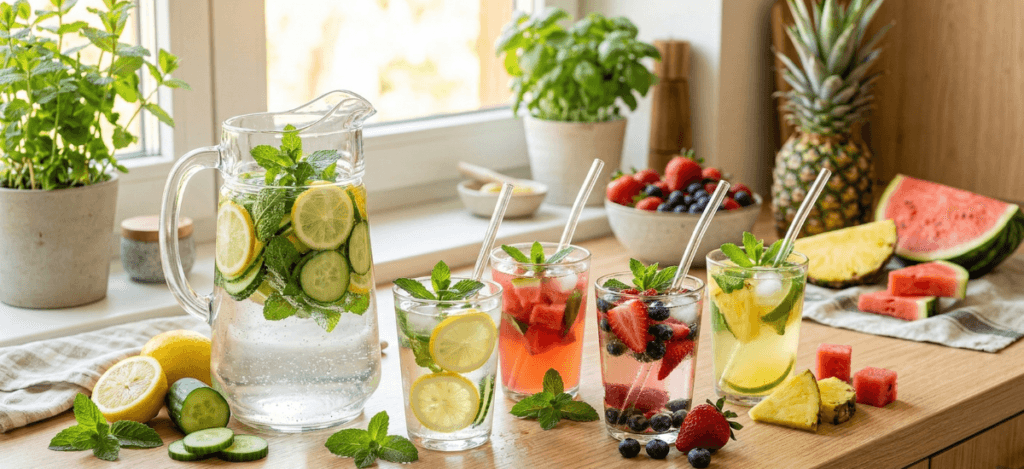 fruit infused detox water with lemon cucumber mint and berries