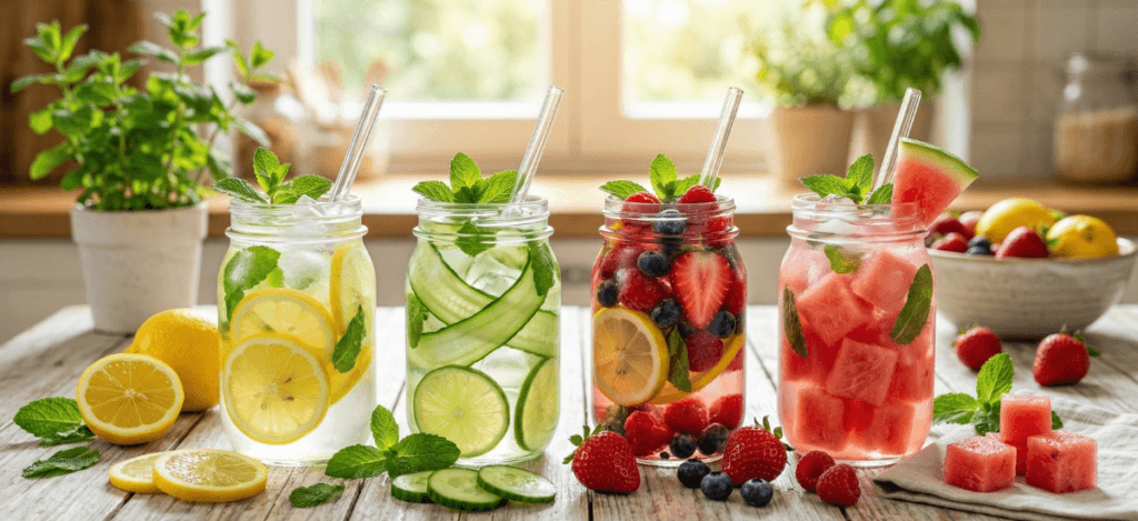 healthy summer detox drinks with lemon cucumber berries and mint