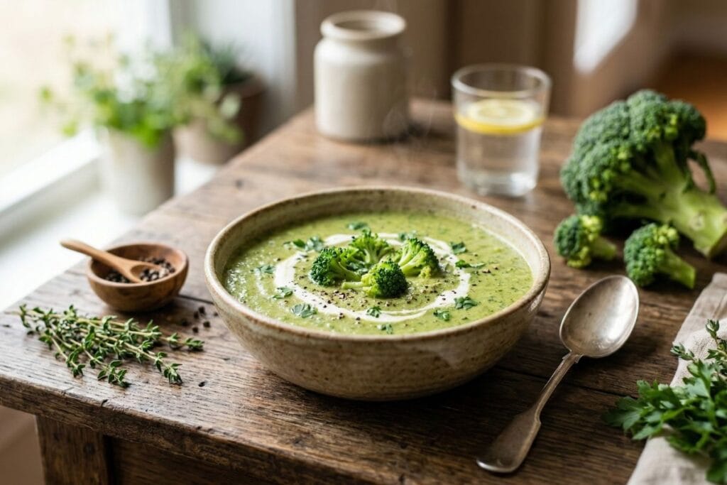 healthy creamy broccoli soup recipe served in a rustic bowl