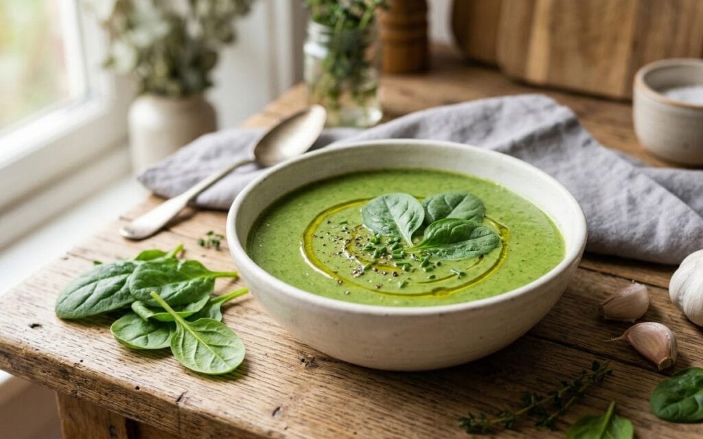 healthy creamy spinach soup recipe in a bowl with fresh spinach