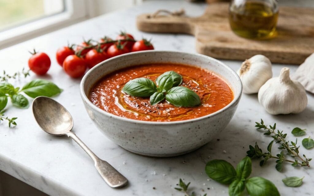 homemade creamy tomato soup topped with fresh basil leaves