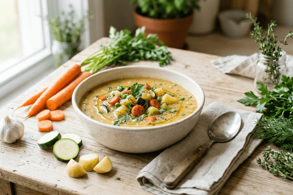 creamy vegetable soup with carrots zucchini and herbs