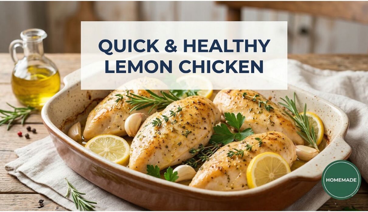 easy lemon garlic baked chicken recipe in baking dish with fresh lemon slices and garlic