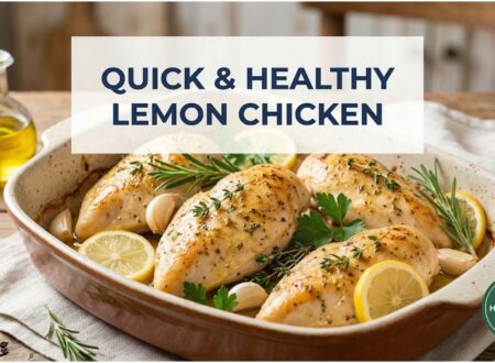 easy lemon garlic baked chicken recipe in baking dish with fresh lemon slices and garlic