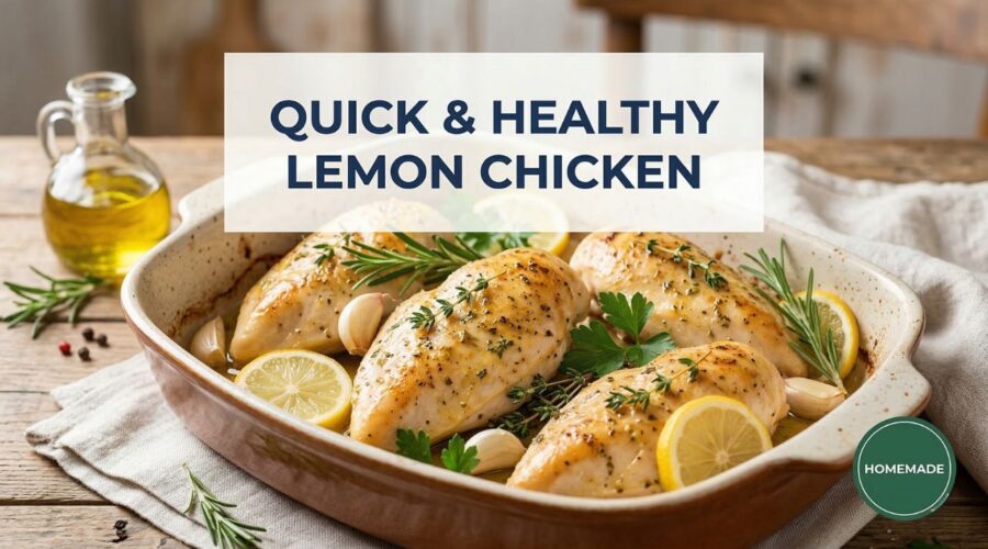 easy lemon garlic baked chicken recipe in baking dish with fresh lemon slices and garlic