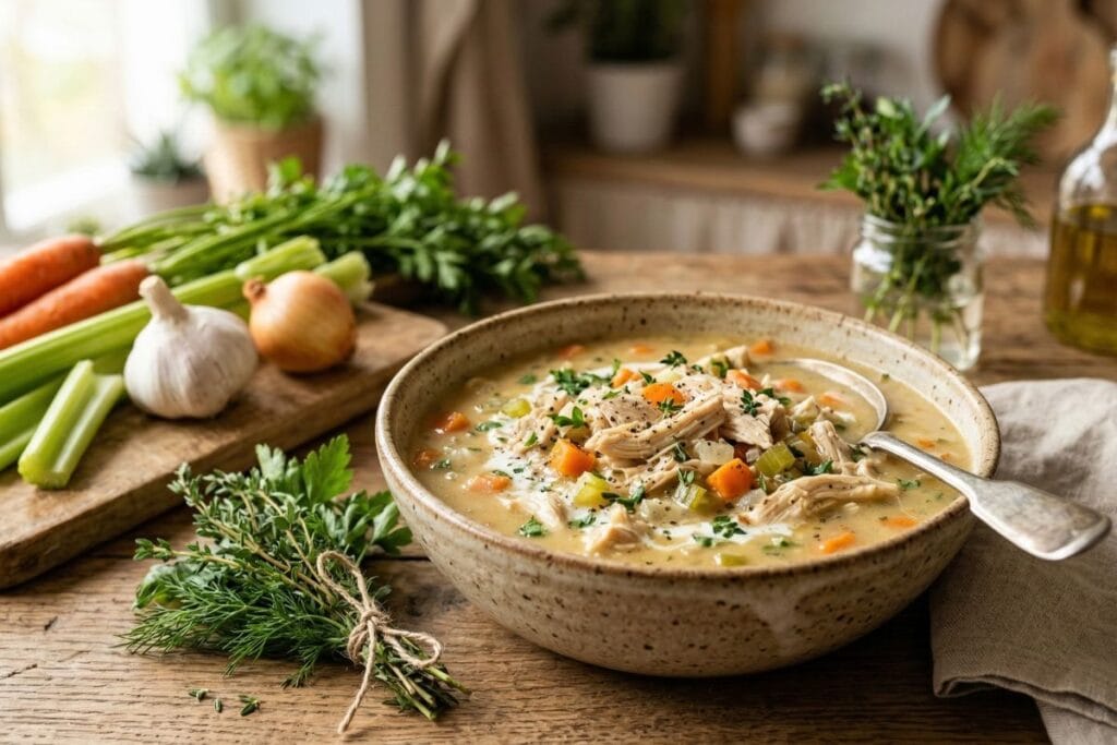 healthy creamy chicken soup with vegetables in a bowl