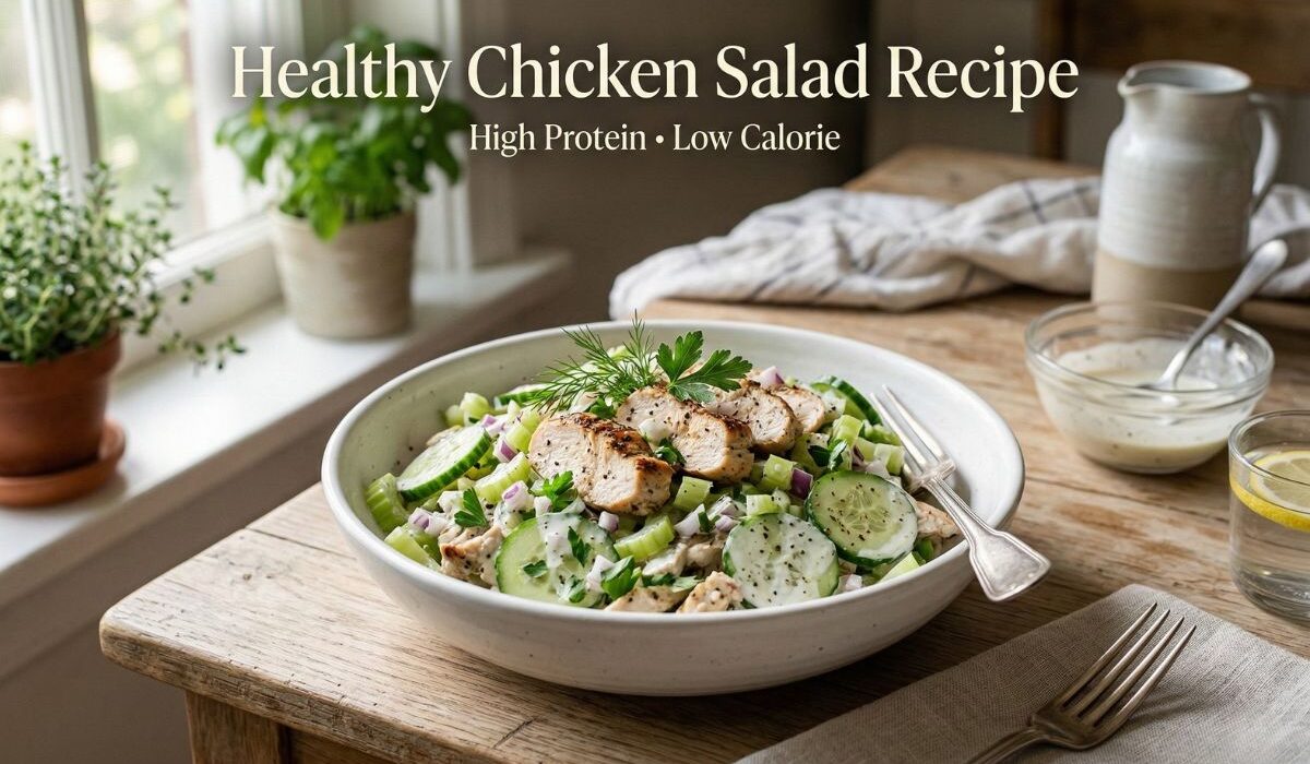 Healthy Chicken Salad Recipe (High Protein, Low Calorie Lunch Ideas) 1 Healthy chicken salad recipe with grilled chicken, cucumber, and yogurt dressing served in a bowl