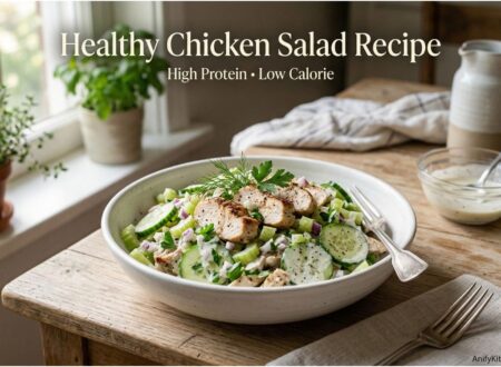 Healthy chicken salad recipe with grilled chicken, cucumber, and yogurt dressing served in a bowl