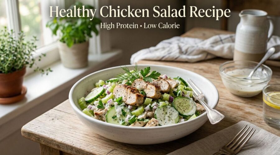 Healthy chicken salad recipe with grilled chicken, cucumber, and yogurt dressing served in a bowl