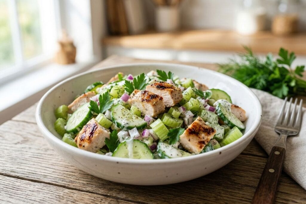 Healthy Chicken Salad Recipe (High Protein, Low Calorie Lunch Ideas) 2 close-up healthy chicken salad with grilled chicken, cucumber, celery, and creamy yogurt dressing