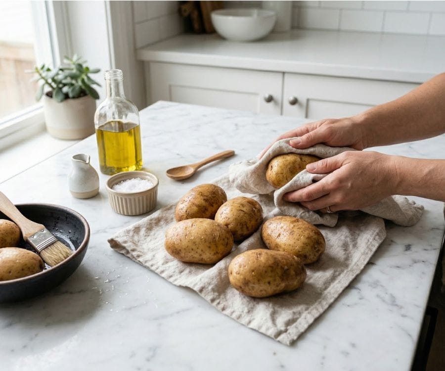 How to Make Easy Oven Baked Potatoes with Crispy Skin & Fluffy Inside 2 baked potatoes prep ingredients.jpg
