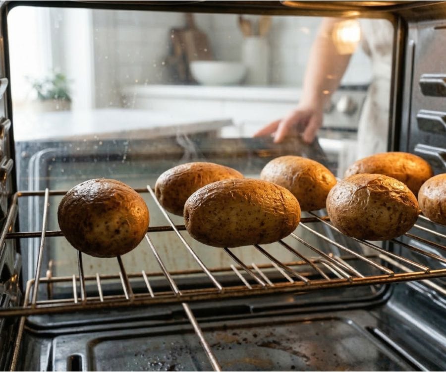 How to Make Easy Oven Baked Potatoes with Crispy Skin & Fluffy Inside 3 baking potatoes in oven.jpg