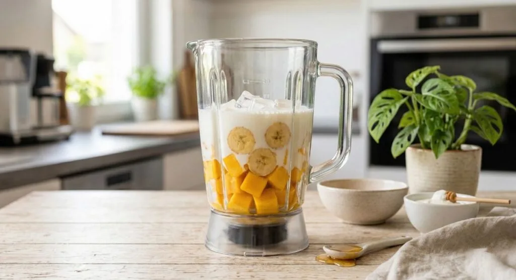 blending mango banana smoothie in blender step