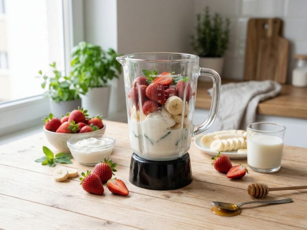 blender with strawberries banana milk making strawberry banana smoothie