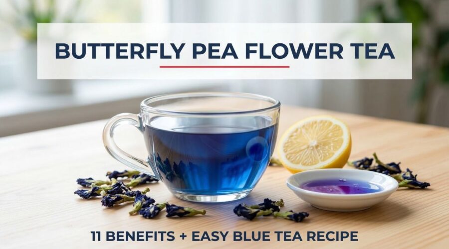 butterfly pea flower tea blue tea with lemon showing color change from blue to purple
