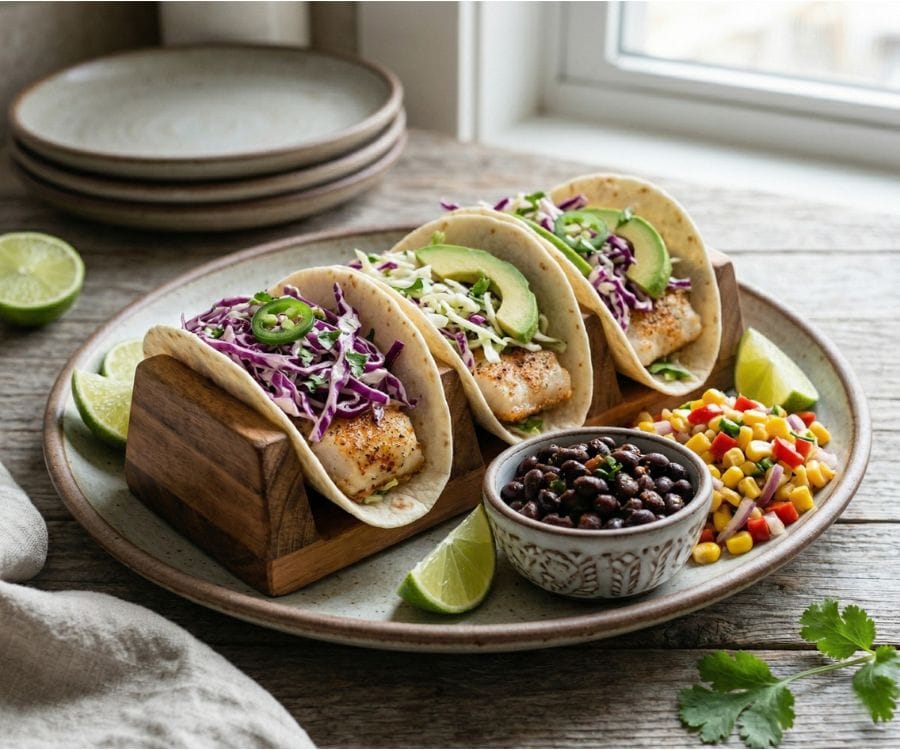 Easy Cod Fish Tacos Recipe (Healthy, Fresh & Ready in 20 Minutes) 5 cod fish tacos serving meal.jpg