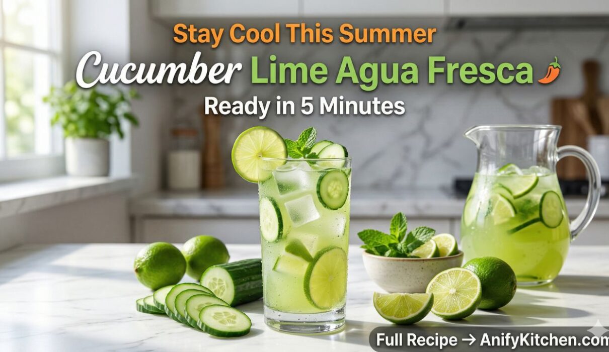 Refreshing cucumber lime agua fresca in a glass with ice, fresh cucumber slices and lime wedges, healthy summer drink recipe