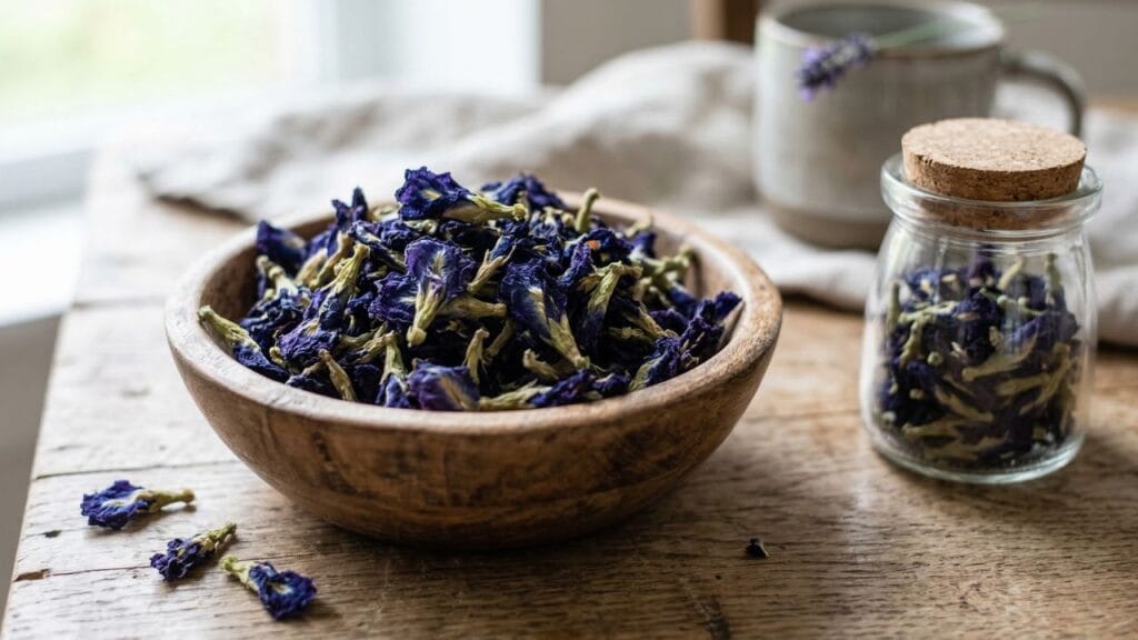 dried butterfly pea flowers used to make blue herbal tea