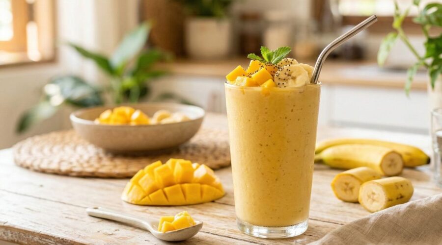 Easy Mango Banana Smoothie Recipe (Healthy 5-Minute Breakfast Drink) 1 easy mango banana smoothie recipe healthy breakfast drink