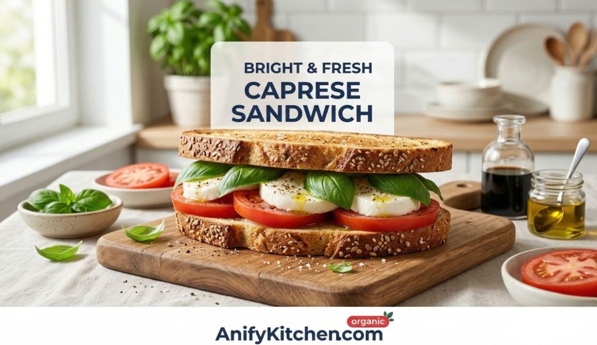 Healthy caprese sandwich recipe with tomato mozzarella and basil on whole grain bread