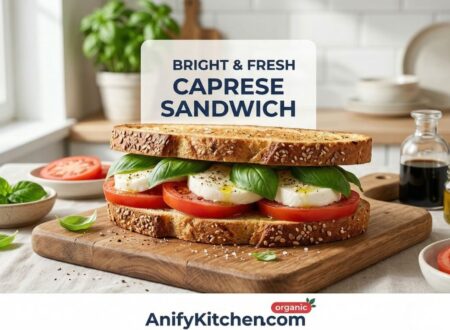 Healthy caprese sandwich recipe with tomato mozzarella and basil on whole grain bread