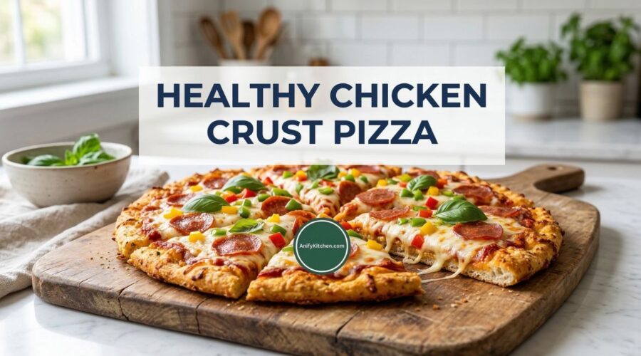 golden chicken crust pizza recipe with melted cheese and healthy toppings low carb high protein pizza