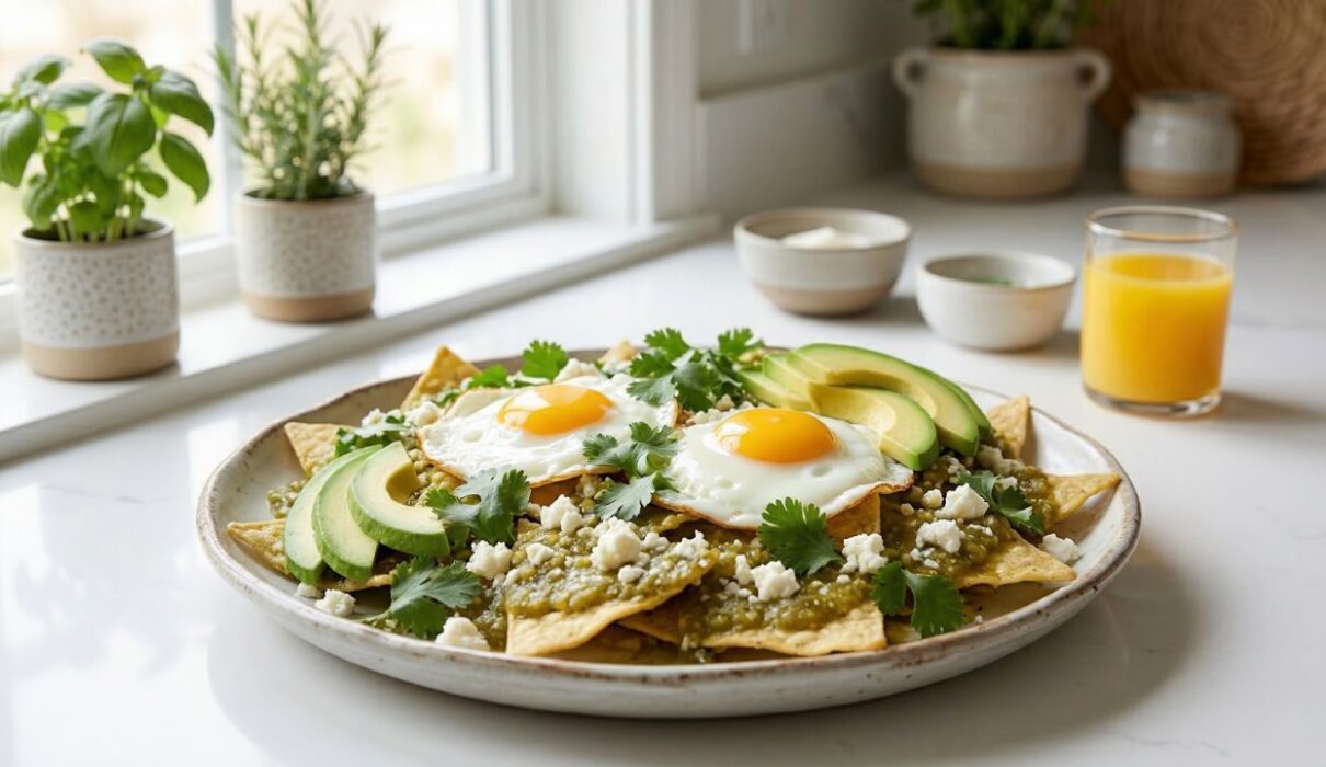 Healthy Chilaquiles Recipe (Easy Verde Version for Breakfast or Dinner) 1 Healthy chilaquiles recipe with baked tortilla chips, green salsa, eggs, and avocado