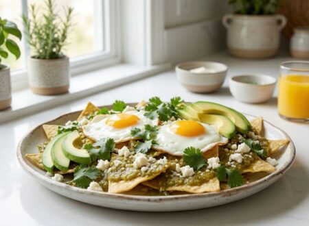 Healthy chilaquiles recipe with baked tortilla chips, green salsa, eggs, and avocado