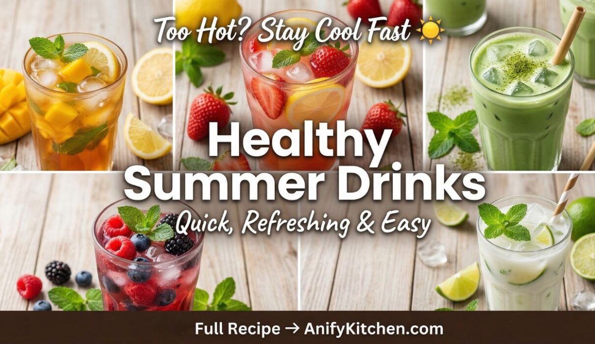 Healthy Summer Drink Recipes (Quick & Refreshing Drinks to Stay Cool) 1 Healthy summer drink recipes with lemonade, iced tea, matcha, and fruit coolers in a bright refreshing setup