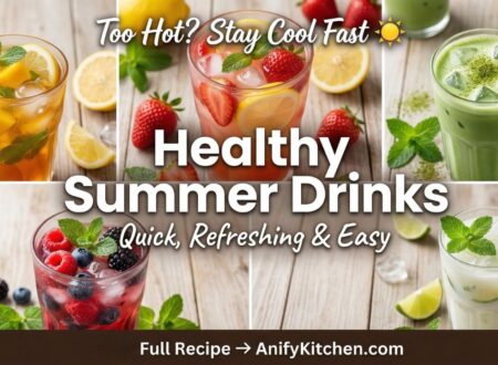 Healthy summer drink recipes with lemonade, iced tea, matcha, and fruit coolers in a bright refreshing setup