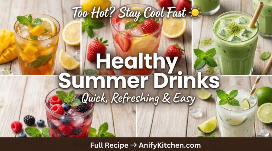 Healthy Summer Drink Recipes (Quick & Refreshing Drinks to Stay Cool) 7 Healthy summer drink recipes with lemonade, iced tea, matcha, and fruit coolers in a bright refreshing setup