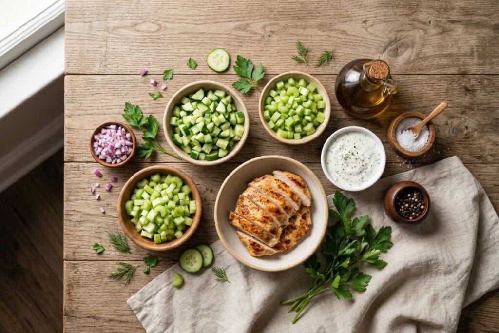 Healthy Chicken Salad Recipe (High Protein, Low Calorie Lunch Ideas) 3 ingredients for healthy chicken salad including grilled chicken, cucumber, celery, onion, and yogurt dressing