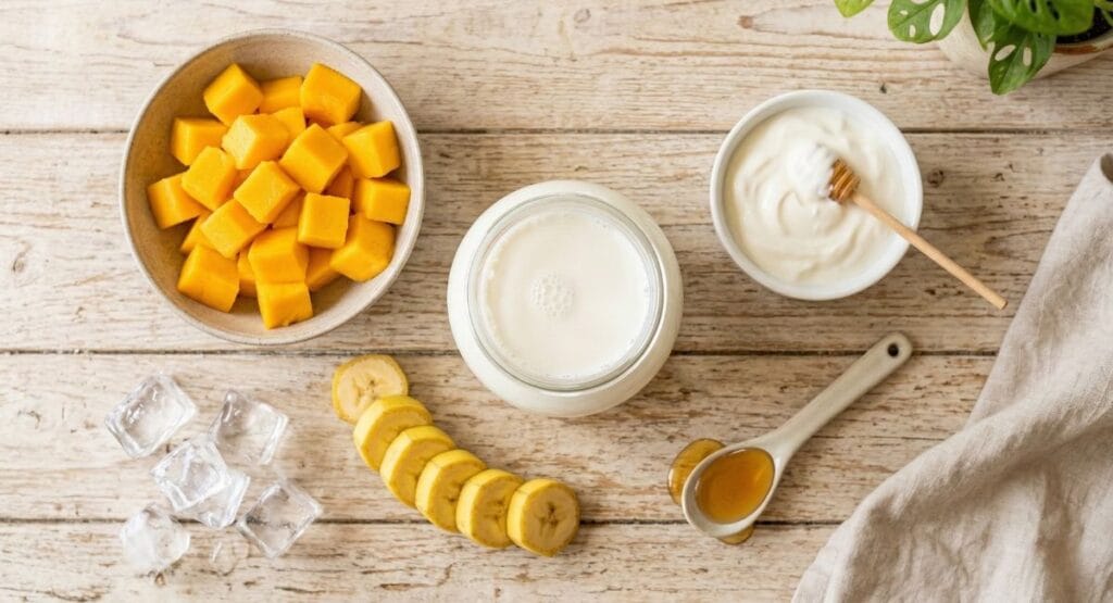 fresh ingredients for mango banana smoothie recipe