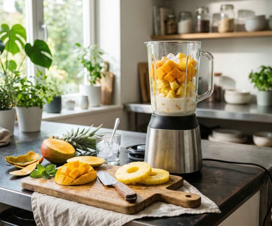 Mango Pineapple Smoothie Recipe – Healthy Tropical Drink in 5 Minutes 2 making mango pineapple smoothie