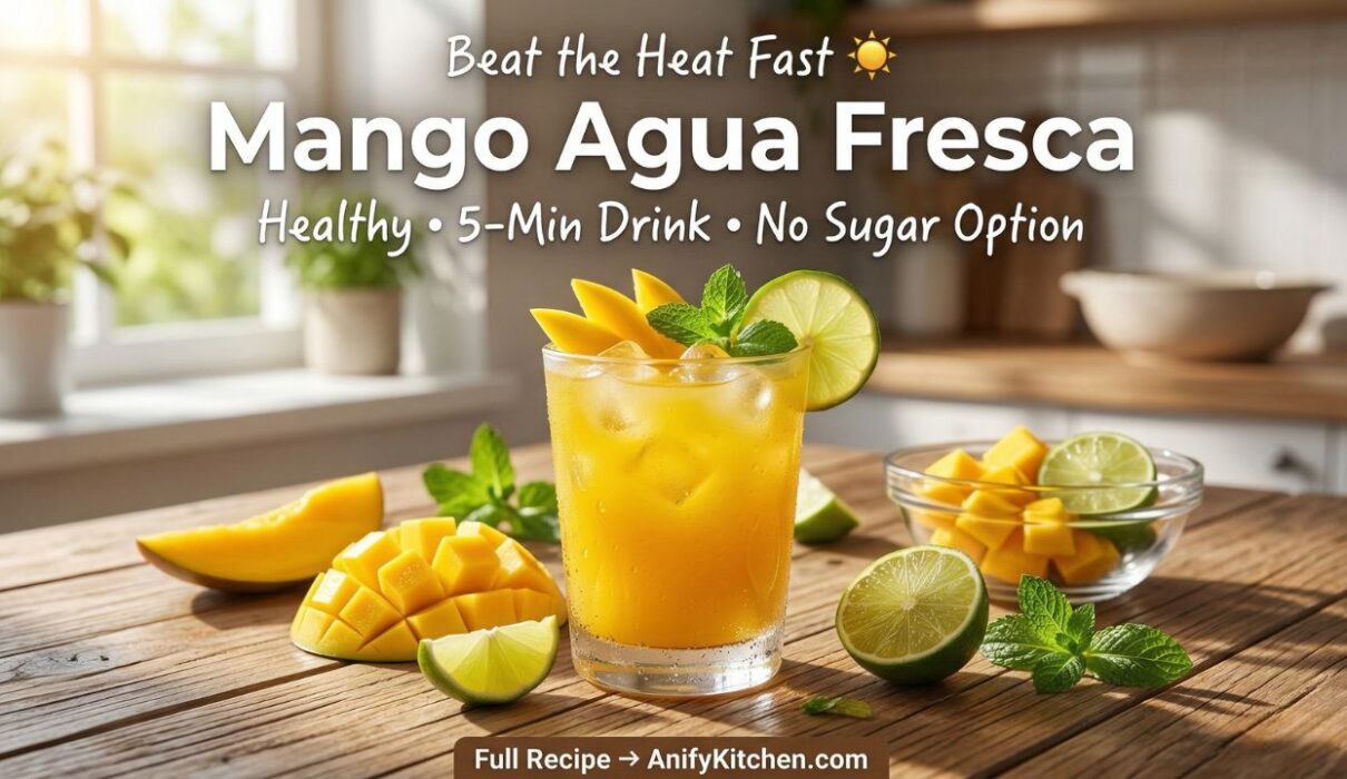 Refreshing mango agua fresca in glass with ice, lime, and fresh mango slices, healthy summer drink recipe