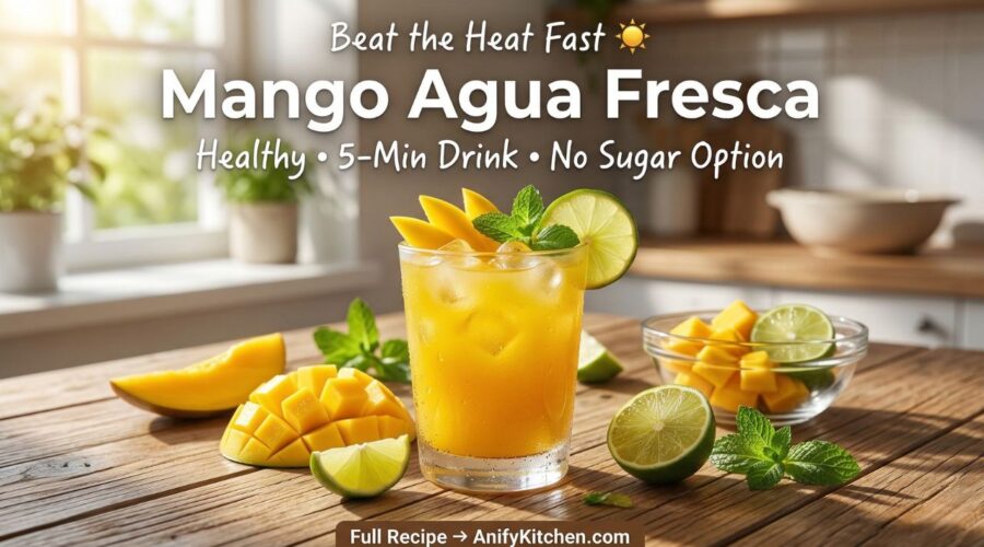 Mango Agua Fresca Recipe (Refreshing, Healthy & Ready in 5 Minutes) 6 Refreshing mango agua fresca in glass with ice, lime, and fresh mango slices, healthy summer drink recipe