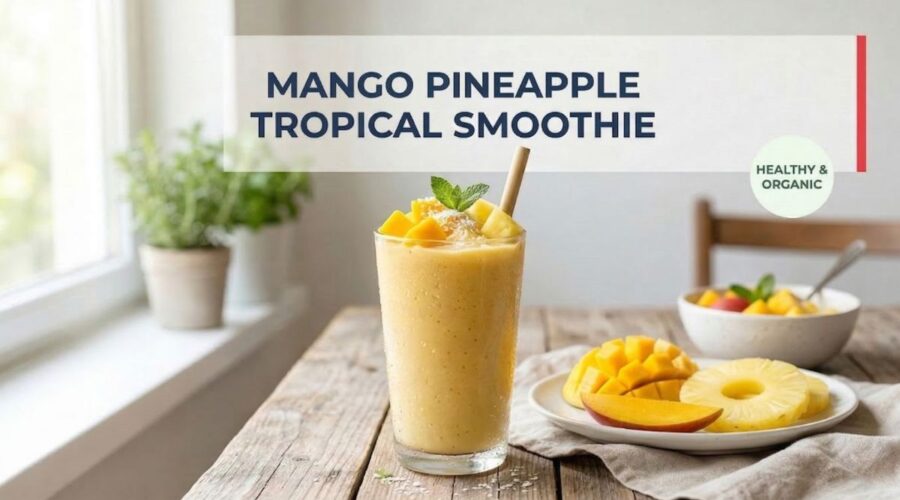 healthy mango pineapple smoothie recipe in glass with fresh mango and pineapple
