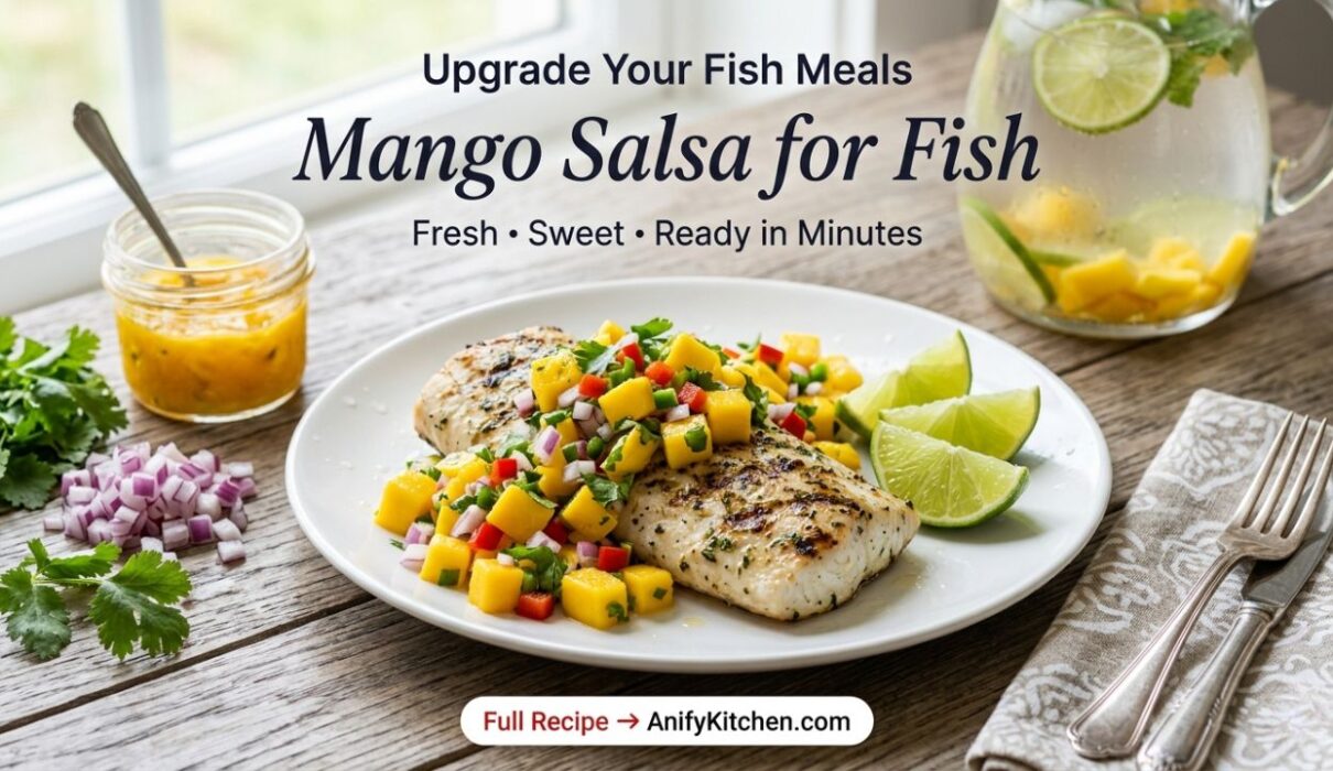 fresh mango salsa served over grilled fish with lime and herbs on wooden table