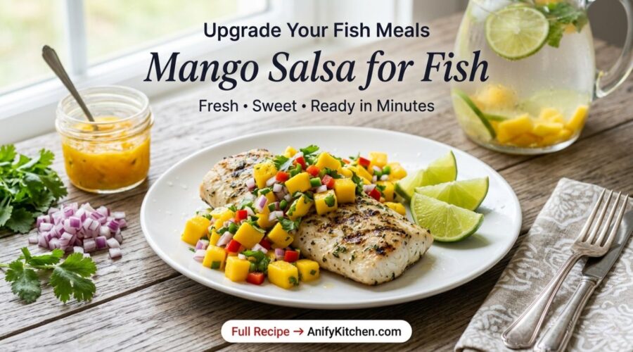 Easy Mango Salsa for Fish (Fresh, Sweet & Spicy Recipe for Tacos & More) 1 fresh mango salsa served over grilled fish with lime and herbs on wooden table