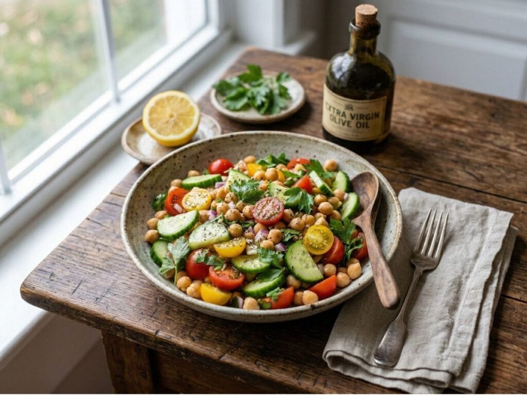 Mediterranean Chickpea Salad Recipe (Healthy Vegan Mediterranean Salad) 2 mediterranean chickpea salad bowl with cucumber tomatoes parsley