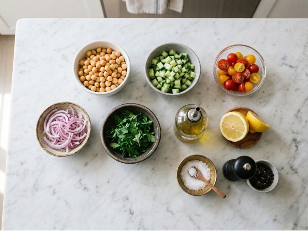 Mediterranean Chickpea Salad Recipe (Healthy Vegan Mediterranean Salad) 3 ingredients for mediterranean chickpea salad chickpeas cucumber tomato lemon olive oil